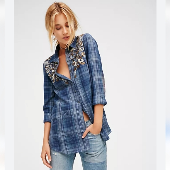 Free People Embellished Blue Plaid Buttondown Tunic Top S - Picture 3 of 16